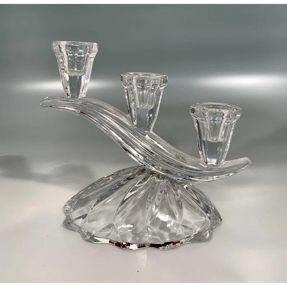 Set of 2 Anna Hutte Bleikristall 3-Light Candlesticks Cascading Glass Waves